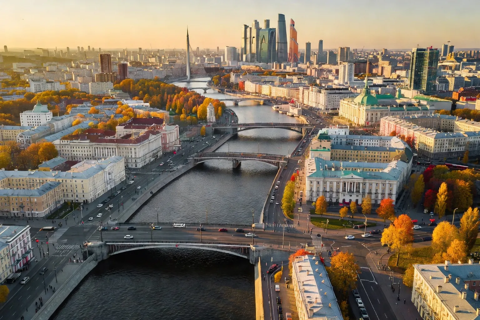 Vue aérienne de Moscou, capitale russe, avec la rivière Moskva et ses ponts