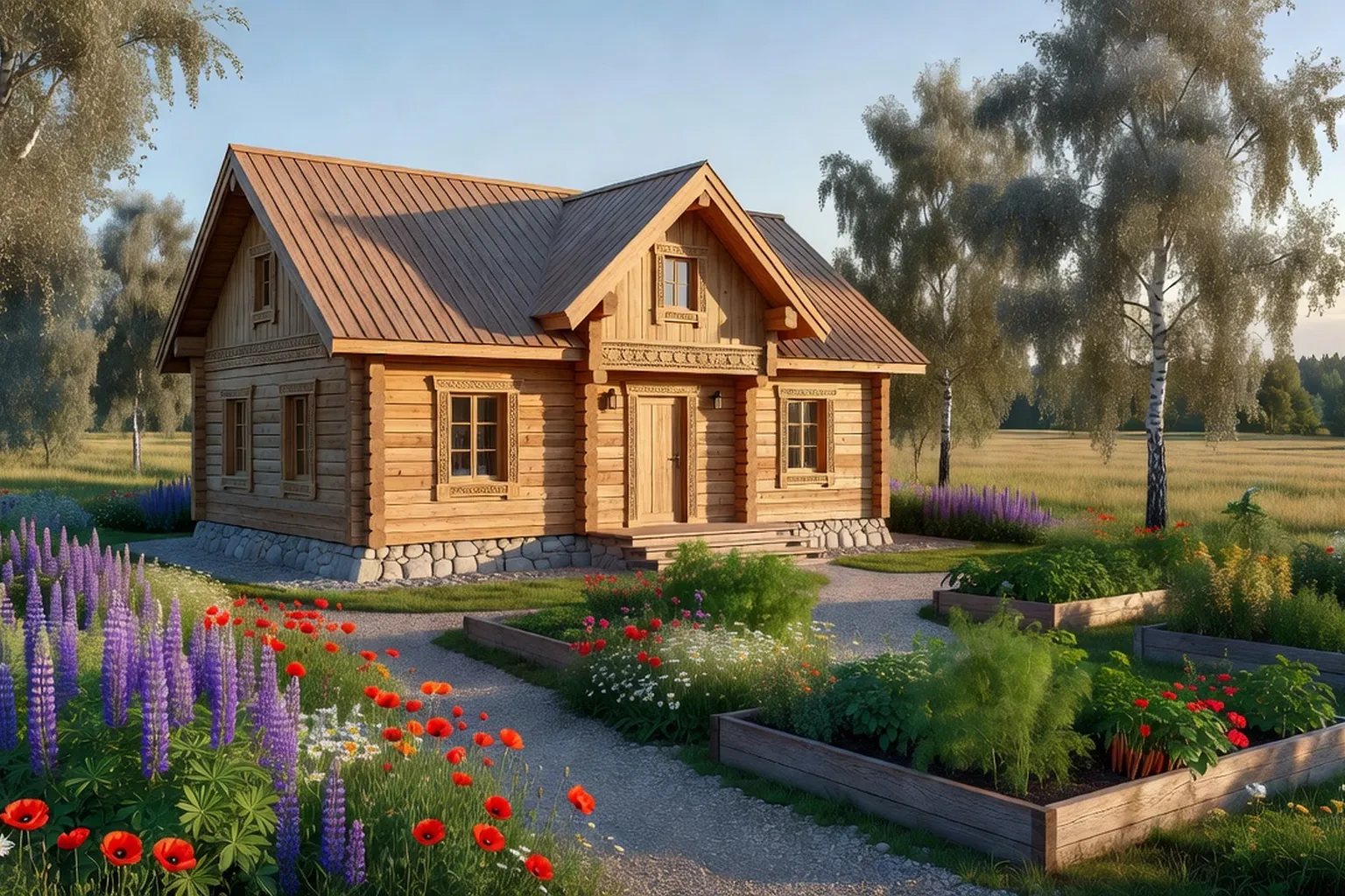 Maison individuelle contemporaine en bois inspirée de l'architecture vernaculaire russe, jardin verdoyant, Russie rurale en été