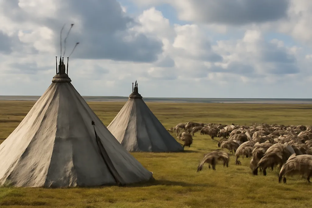 Camp de Nenets dans la péninsule de Yamal, toundra arctique russe en été