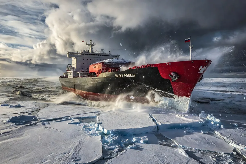Route maritime du Nord avec brise-glace nucléaire russe dans la mer de Barents