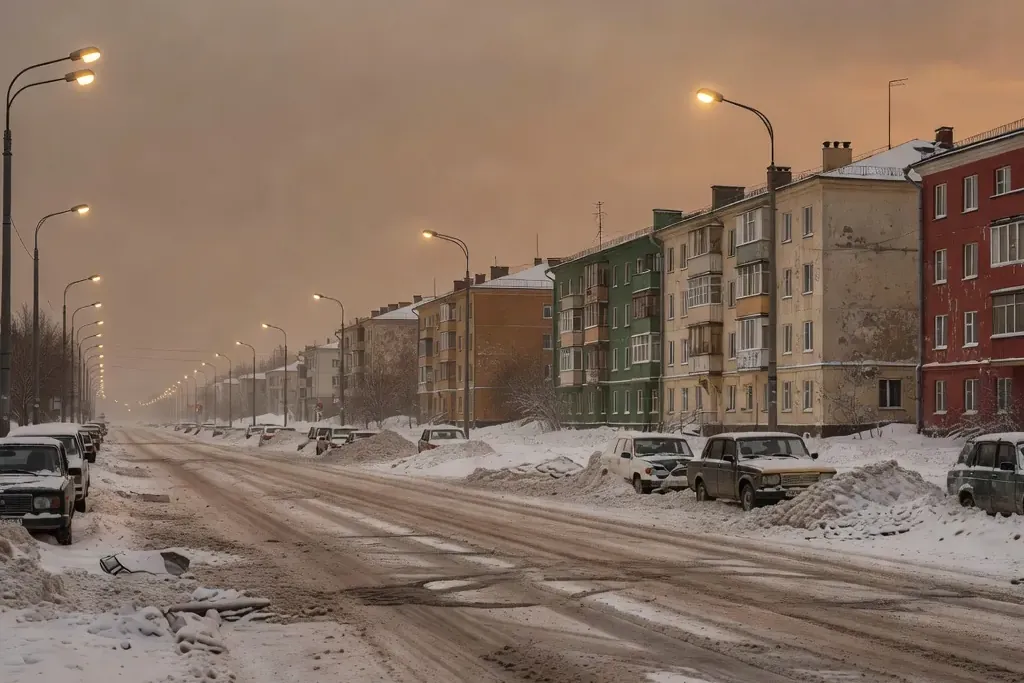 Des rues de Nefteyugansk sous la neige, illustrant les problèmes de déneigement