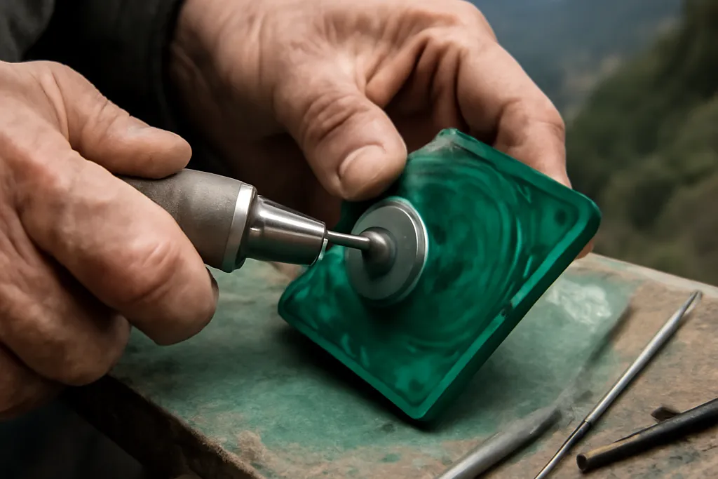 Artisan de l'Oural polissant une pièce de malachite dans son atelier de Nijni Taguil