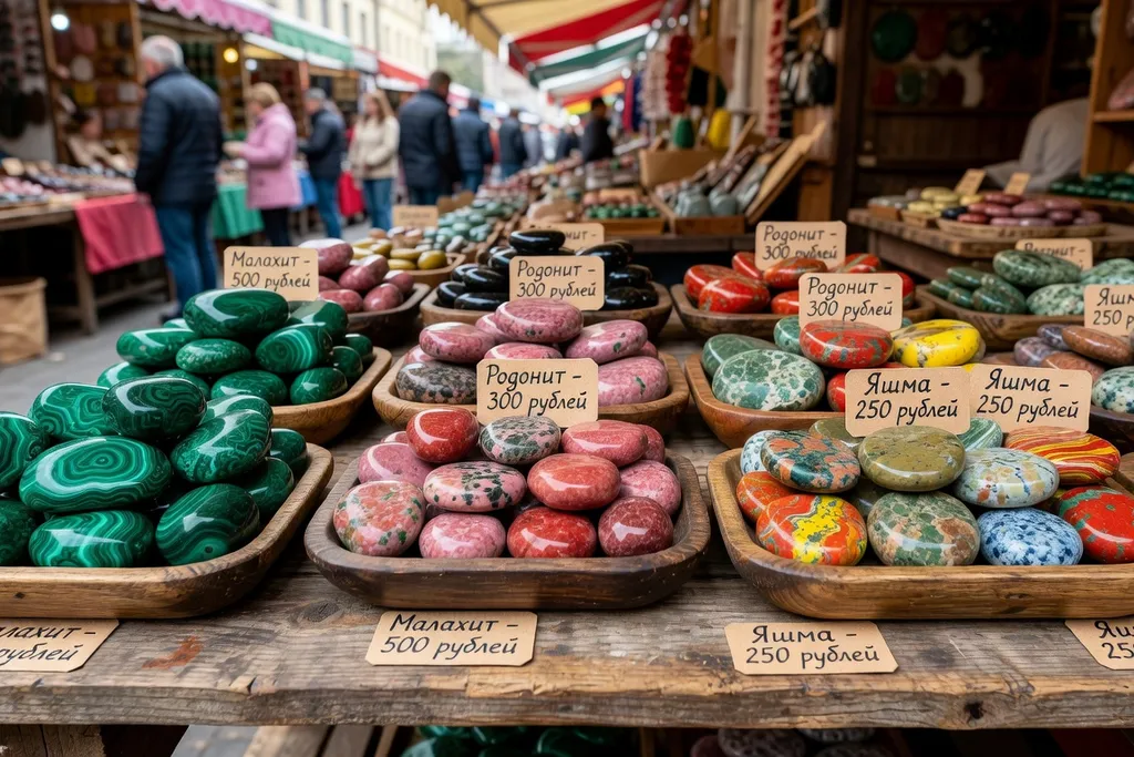 Étalage de pierres de l'Oural — malachite, rhodonite, jaspe — sur un marché artisanal