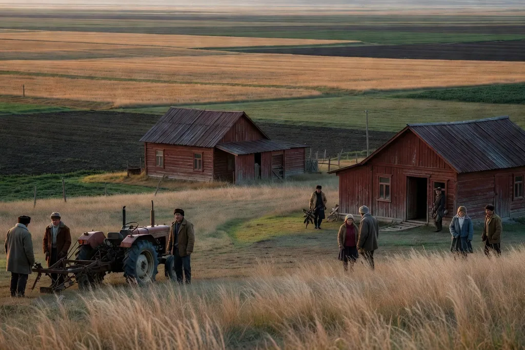 Scène documentaire illustrant bilan production agricole developpemen dans une région russe