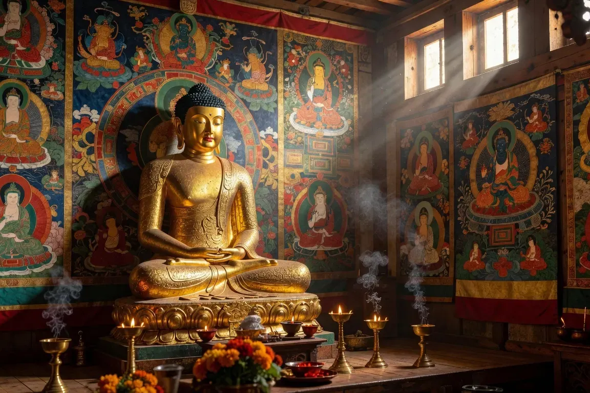 Intérieur d'un datsan bouddhiste tibétain en Bouriatie, thangkas colorées, statue de Bouddha dorée
