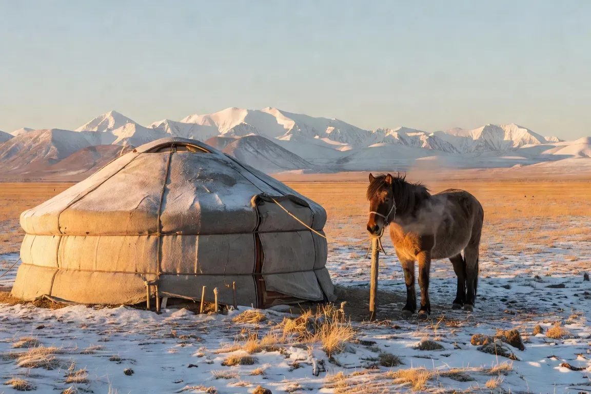 Yourte traditionnelle bouriate dans la steppe de Sibérie méridionale, cheval attaché, montagnes enneigées