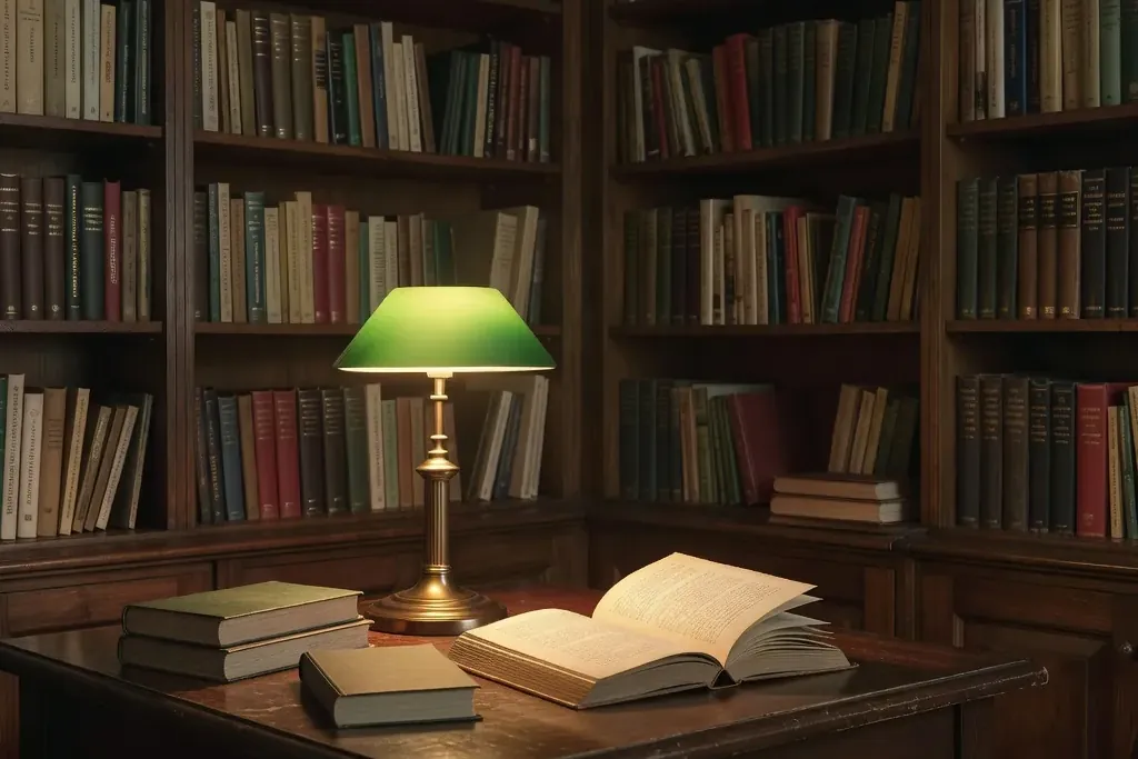 Une bibliothèque provinciale russe, rangées de livres reliés en cuir, lumière dorée du soir