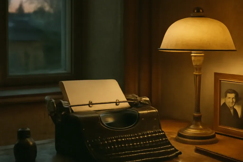 Bureau d'écrivain russe avec machine à écrire vintage et recueil de poèmes ouvert