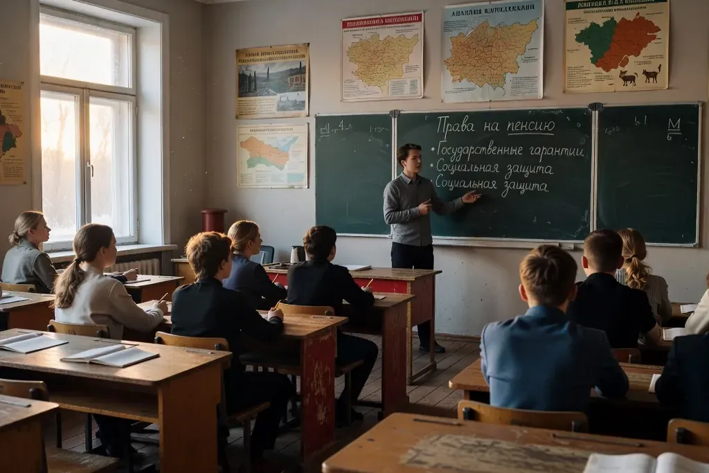 Une séance d'information sur les retraites à l'école n°4 de Biisk, où des élèves écoutent attentivement les présentations