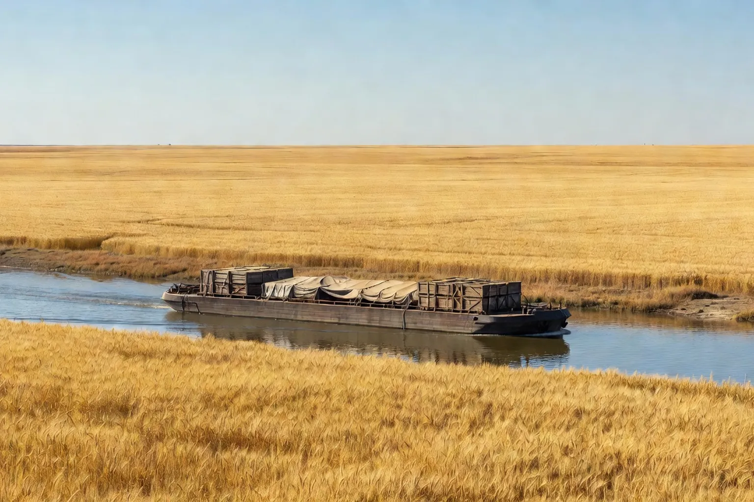 Vue aérienne d'une écluse du canal Volga-Don avec un cargo pétrolier en transit