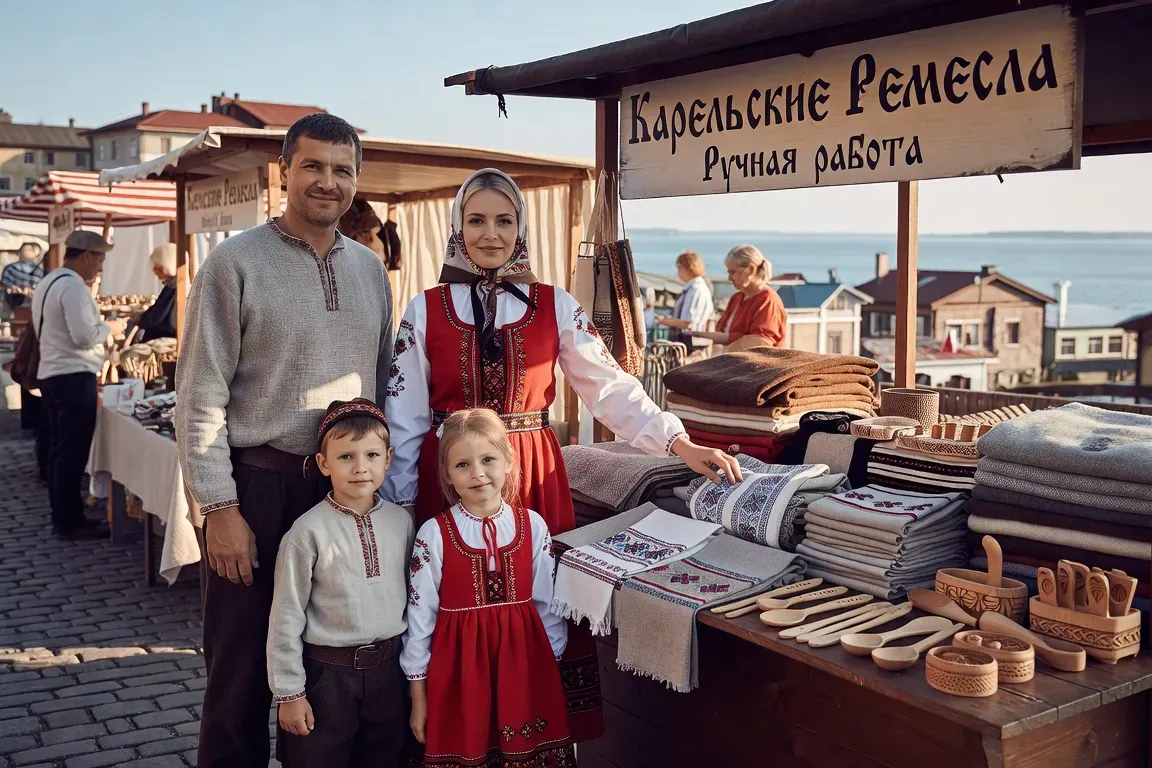 Famille carélienne en costume traditionnel au marché artisanal de Petrozavodsk