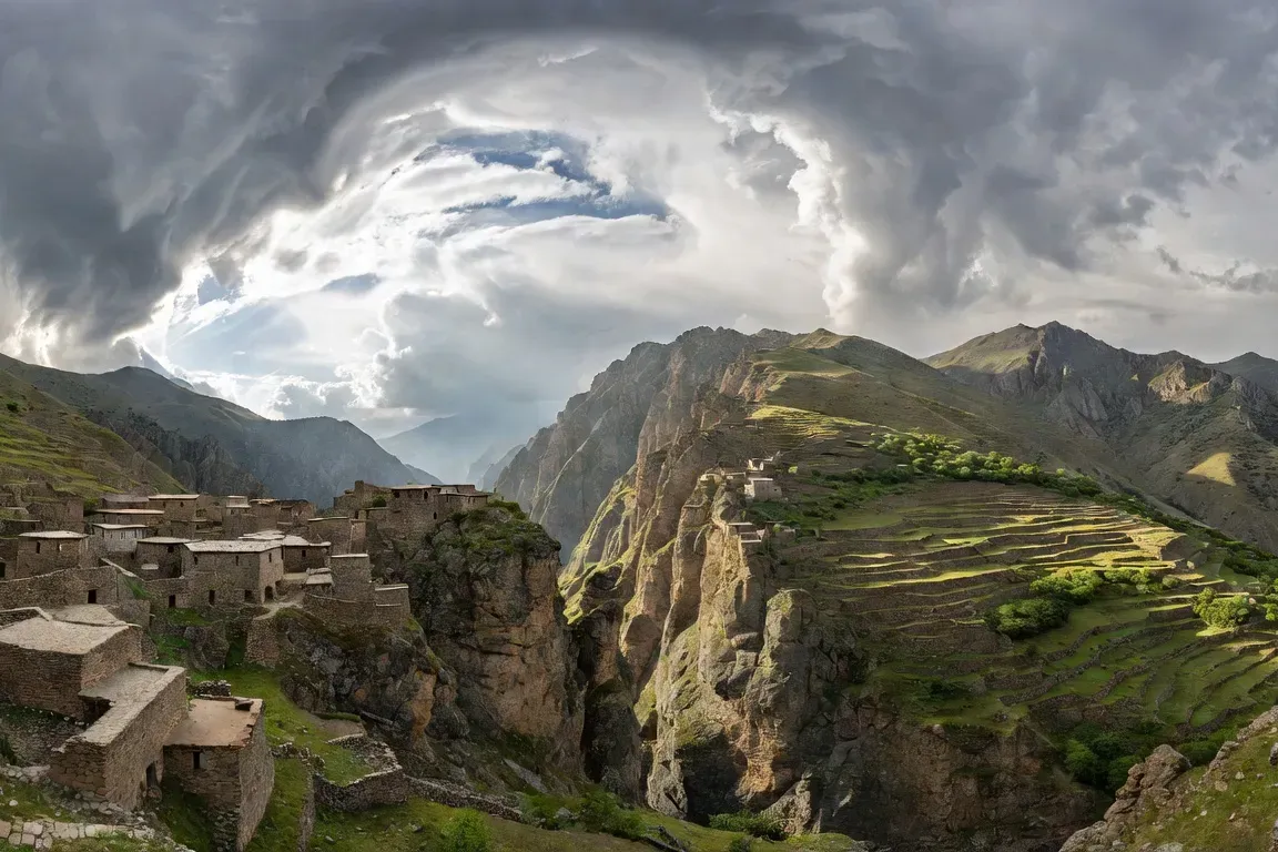 Vue panoramique des montagnes du Daghestan, villages perchés sur falaises, architecture en pierre