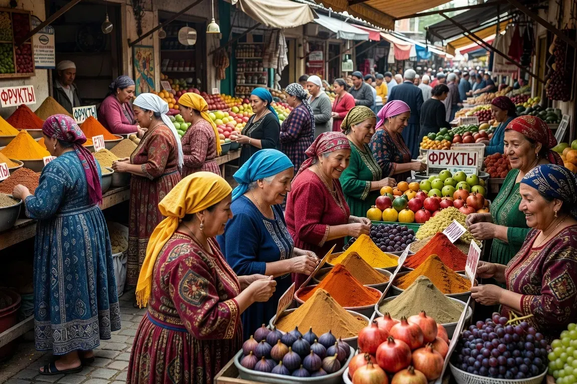 Marché populaire à Makhatchkala, Daghestan, femmes en robes colorées, étals d'épices et de fruits