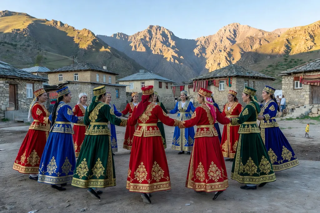 Femmes en costume traditionnel participant à une fête de village au Daghestan