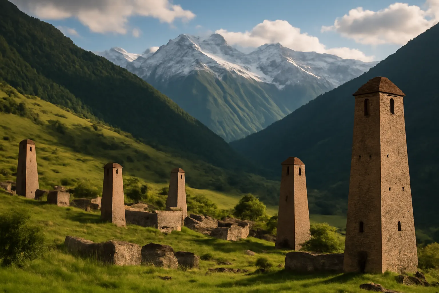 Tours de pierre médiévales dans une vallée verdoyante du Caucase du Nord, sous des sommets enneigés