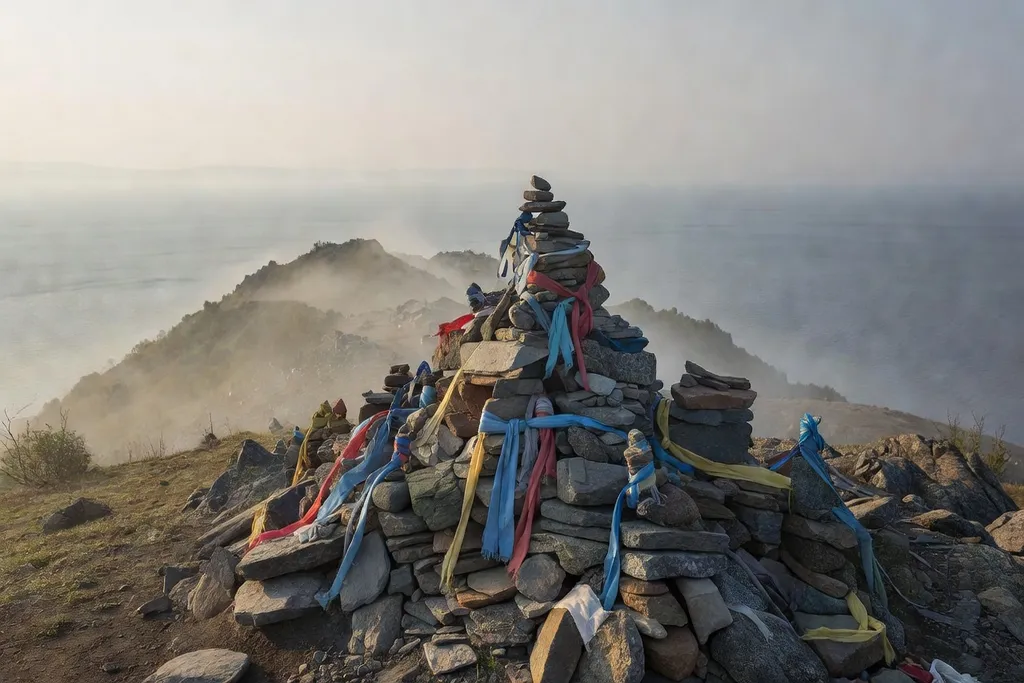 Cairn sacré ovoo orné de rubans sur une colline près du lac Baïkal