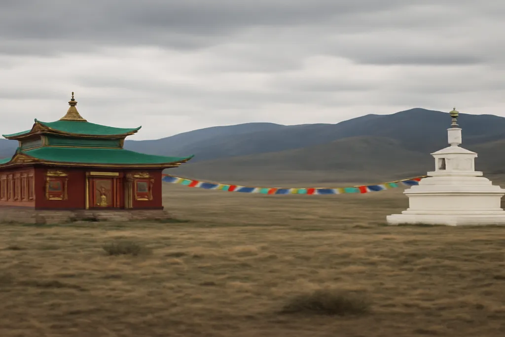 Petit temple bouddhiste tibétain et stûpa dans la steppe touvaine