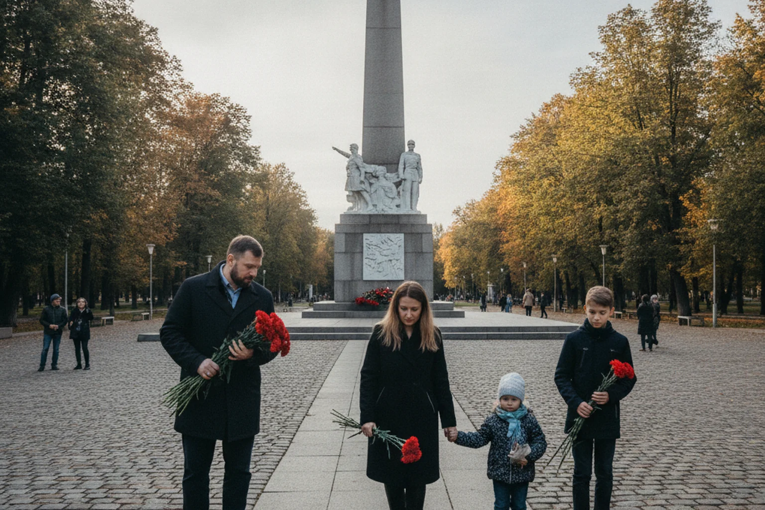 Famille déposant des fleurs rouges devant un mémorial de guerre en Russie