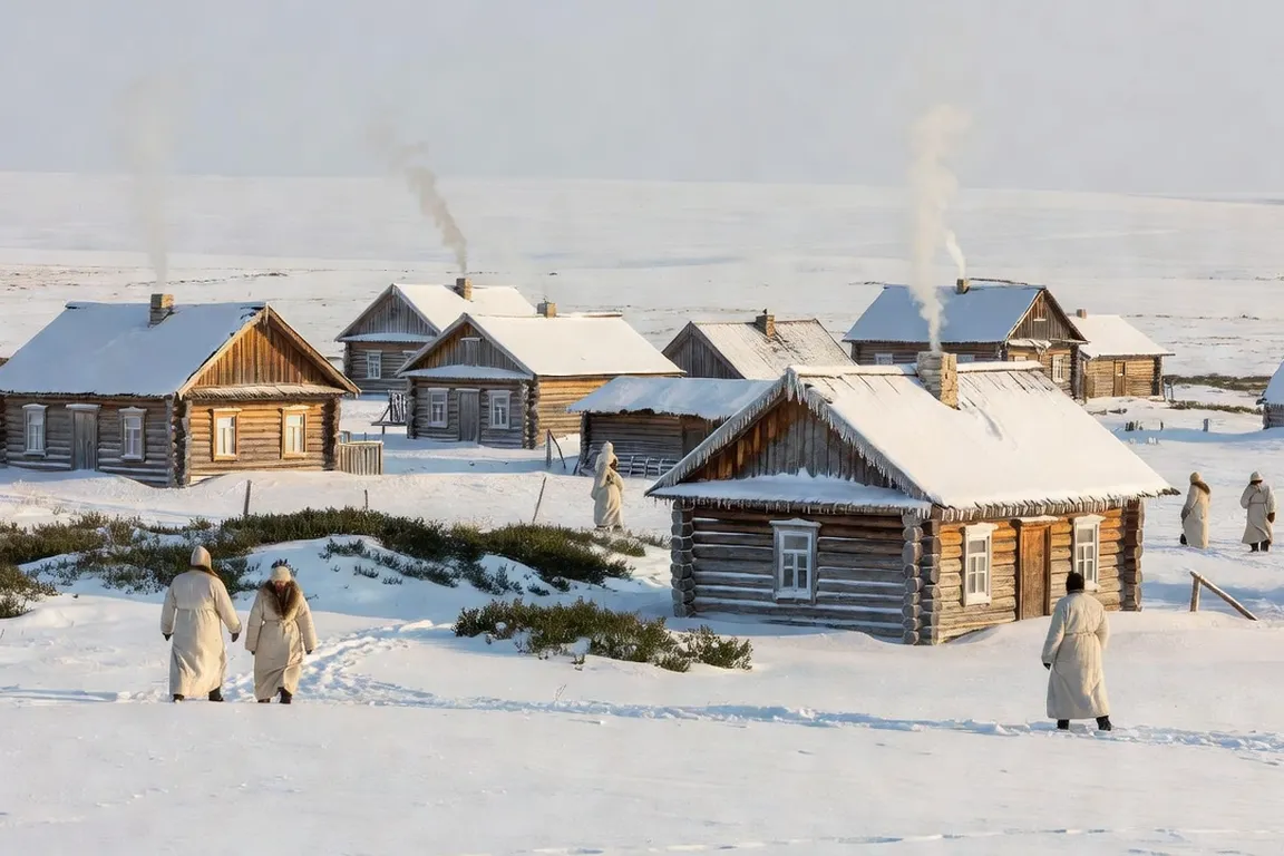 Village sibérien sous un froid extrême, fumée des cheminées et givre