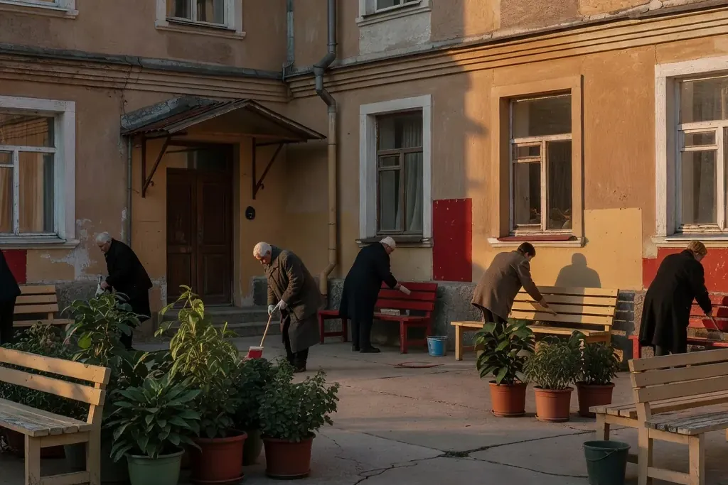 Les résidents s'impliquent dans l'entretien de leur immeuble à Novossibirsk, créant un lien communautaire fort.