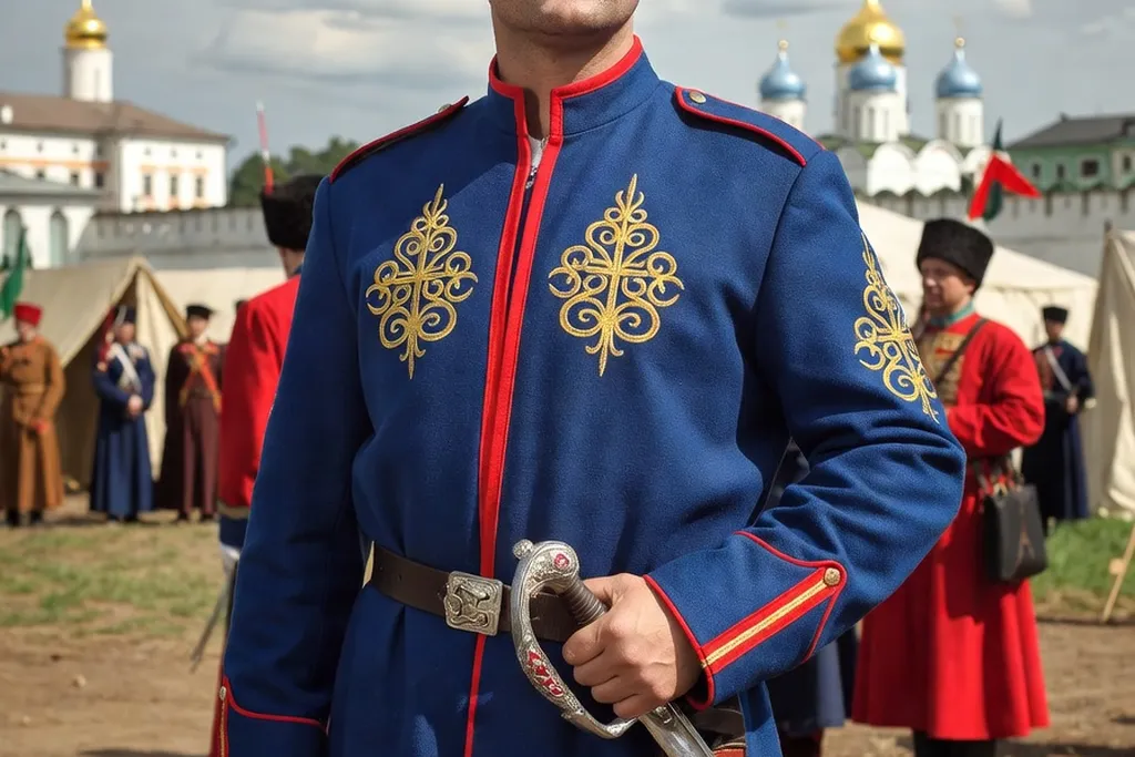 Cosaque du Don en uniforme traditionnel bleu et rouge lors d'une fête à Novotcherkassk