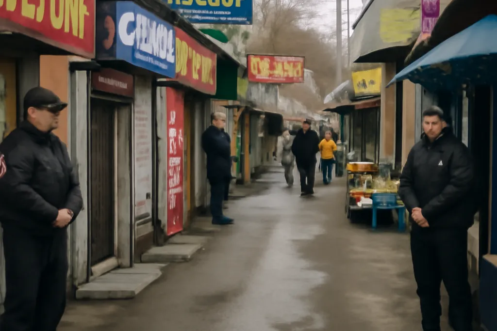 Rue commerciale d'Iekaterinbourg avec ses boutiques et ses sociétés de sécurité privée, reflet d'une économie à l'interface du légal et de l'informel