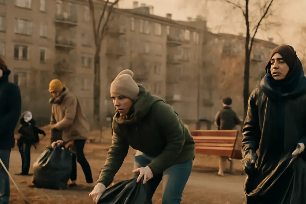 Des citoyens participant à une initiative de nettoyage dans une zone urbaine de Magnitogorsk.
