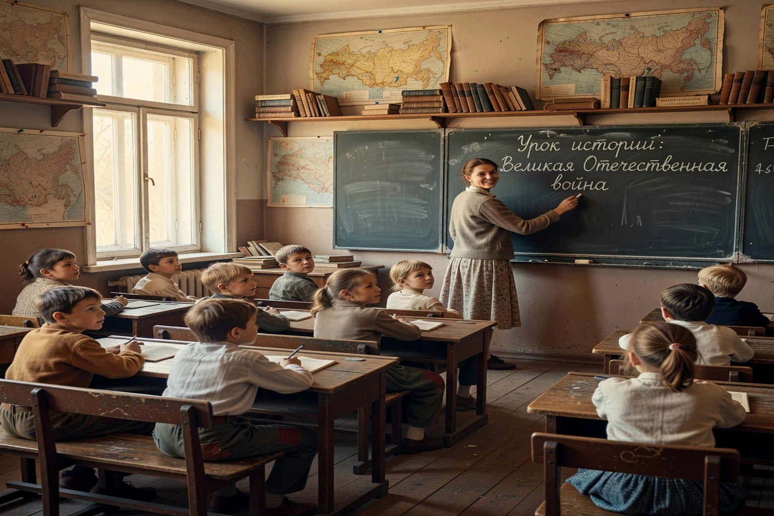 Classe d'école rurale russe avec institutrice et enfants de plusieurs niveaux