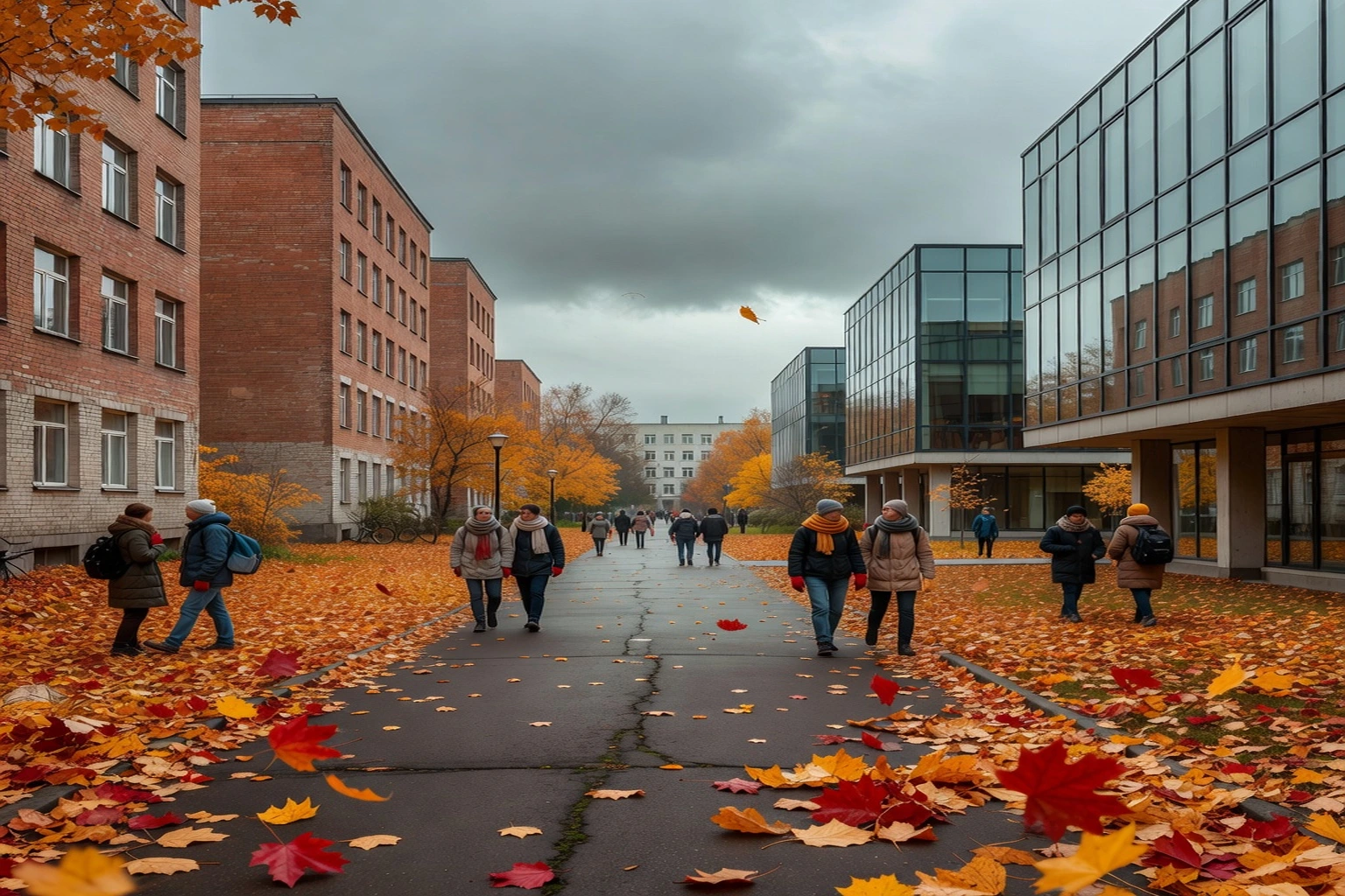 Campus universitaire régional russe en automne avec étudiants entre bâtiments