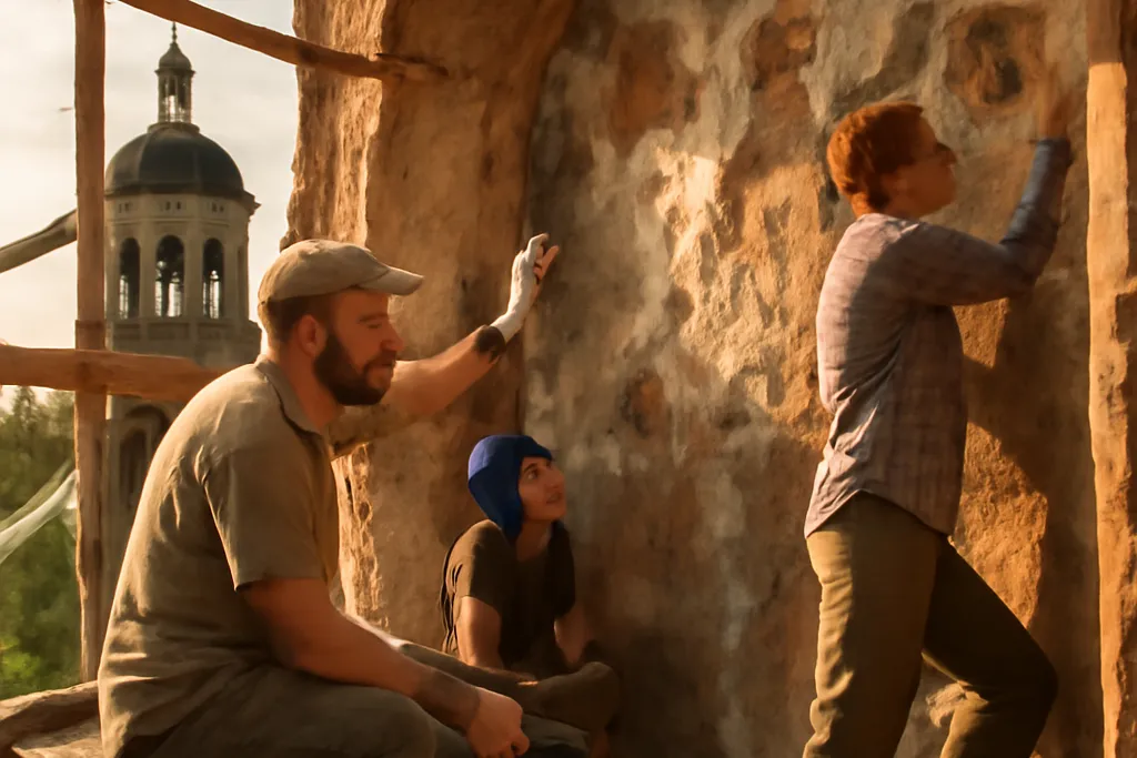 Bénévoles travaillant sur la toiture d'une église du XVIIe siècle dans l'oblast de Pskov
