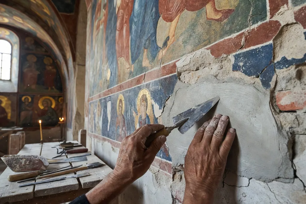 Artisan local reconstituant une fresque murale dans une église de l'oblast de Vladimir