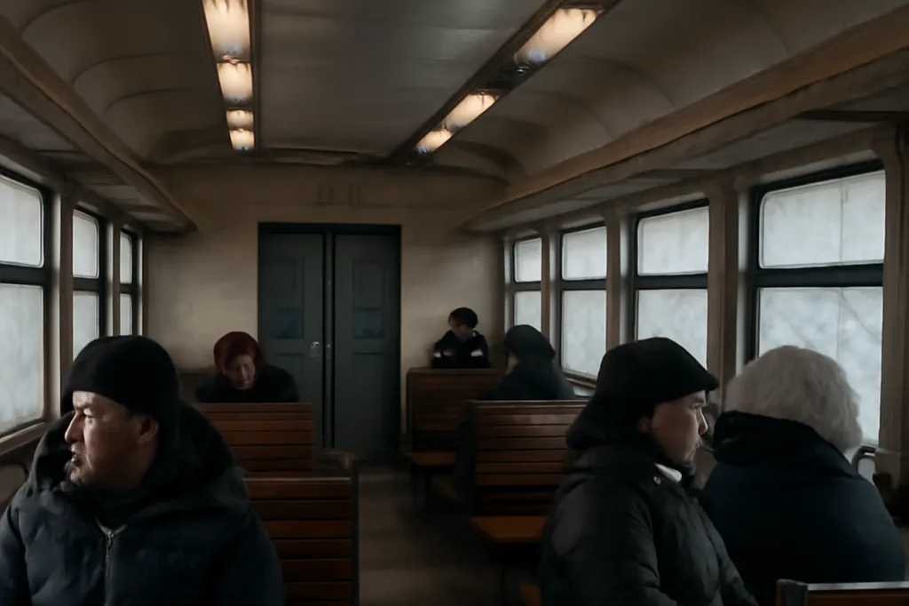 Electrichka russe entrant en gare dans un village de province en hiver