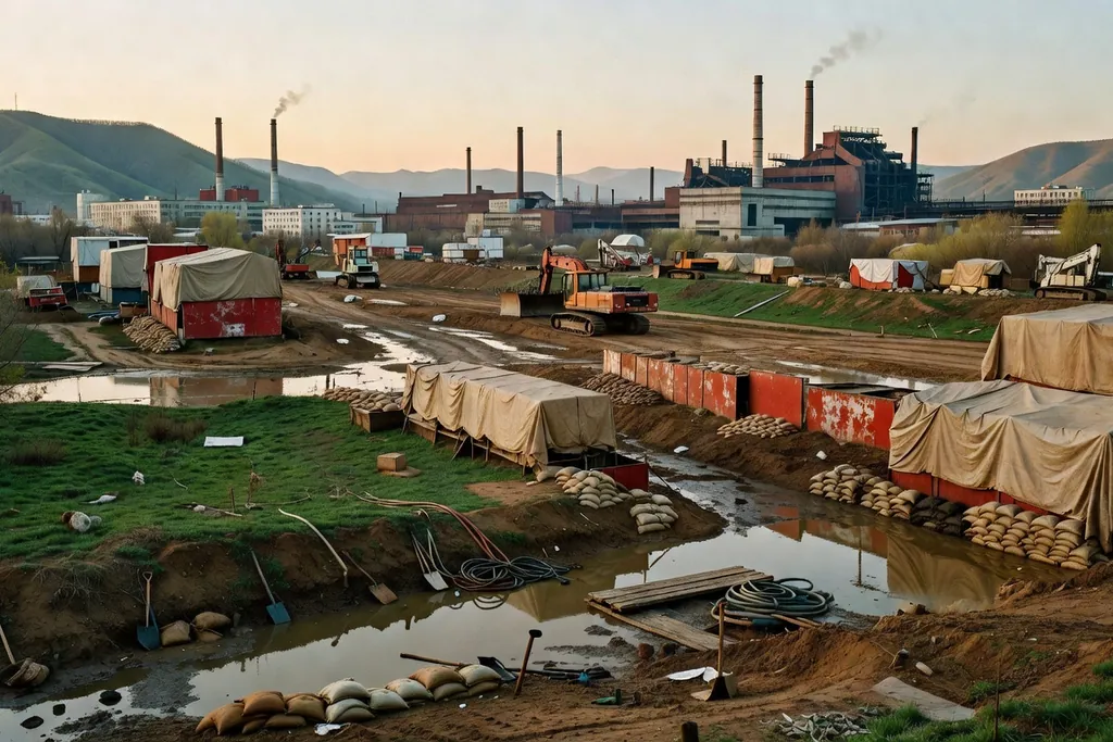 Scène documentaire illustrant evacuer eau debarrasser ordures dans une région russe