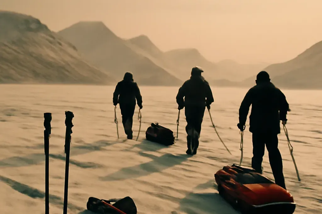 Une équipe d'expédition en pleine nature arctique, illustrant l'esprit d'aventure et le respect de l'environnement.