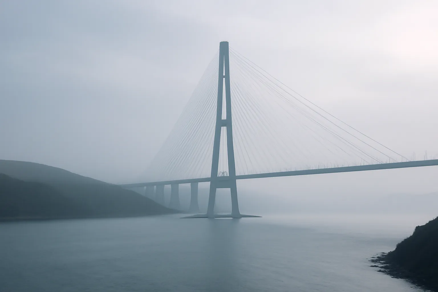 Le pont Russky enjambant le détroit du Bosphore oriental dans la brume matinale à Vladivostok