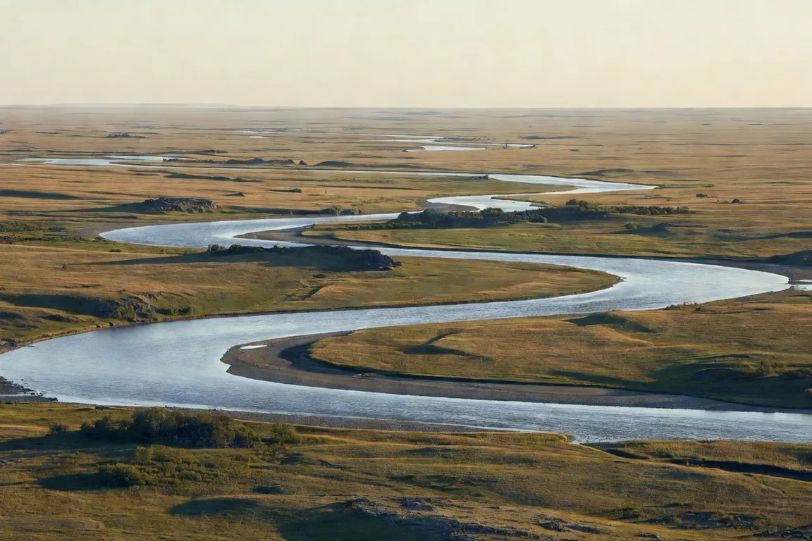 Grand fleuve serpentant dans la steppe sibérienne, horizon infini