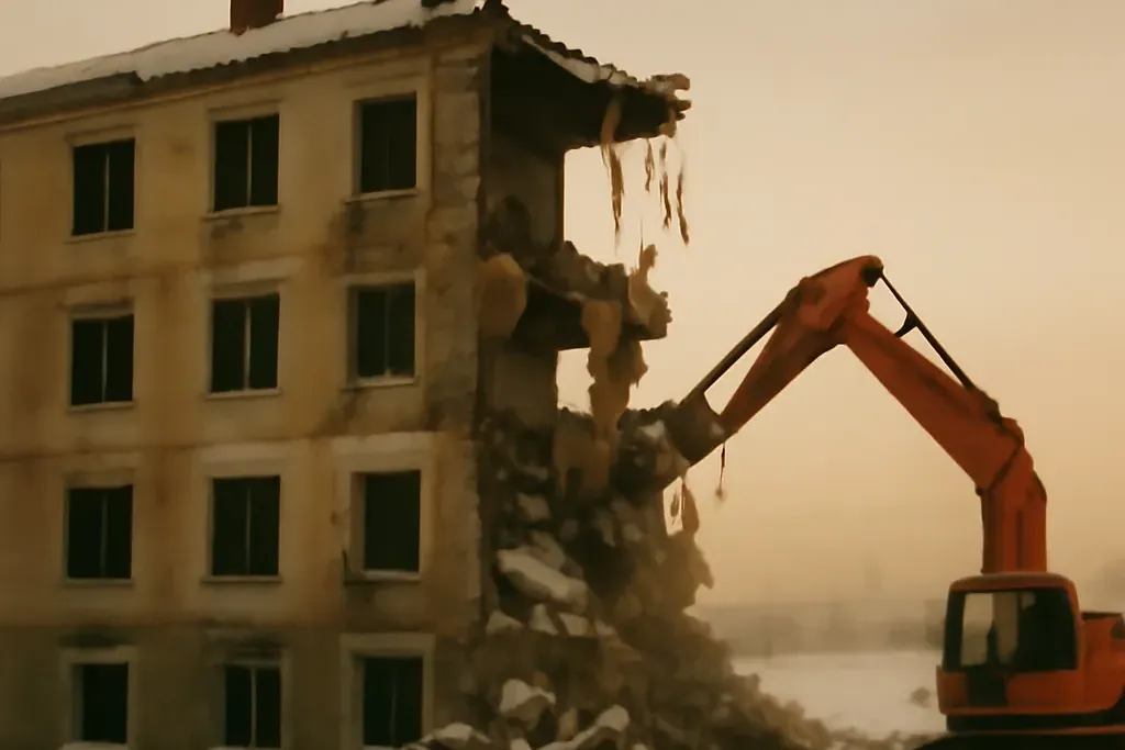 Un bâtiment en cours de démolition à Yakoutsk, symbole du relogement