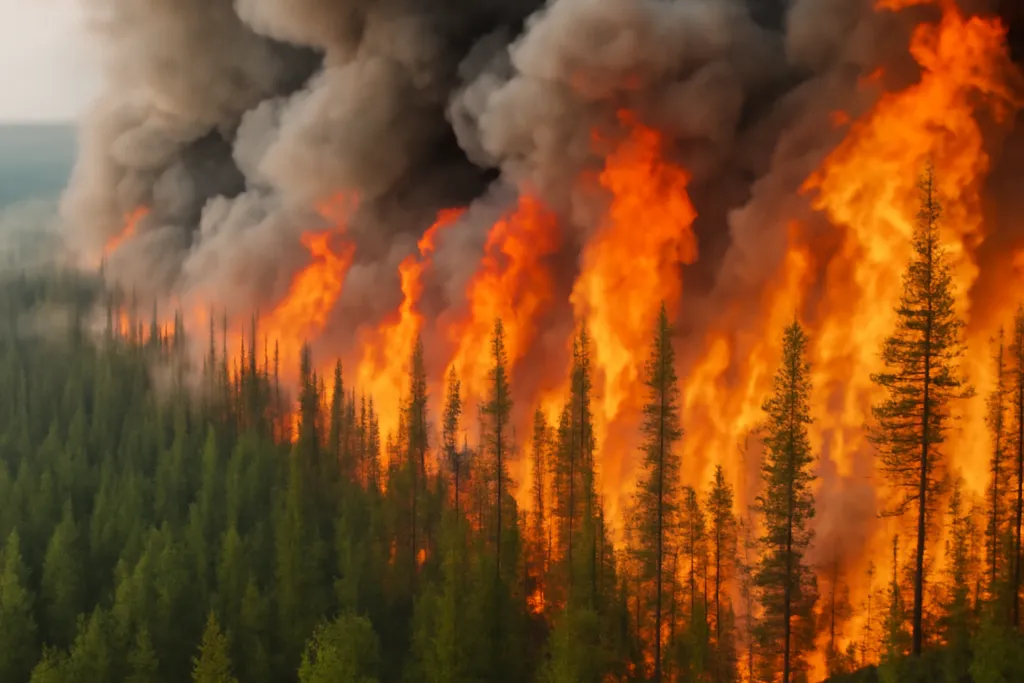 Taïga sibérienne en feu avec des flammes hautes et un nuage de fumée noire montant vers le ciel, Yakoutie 2015