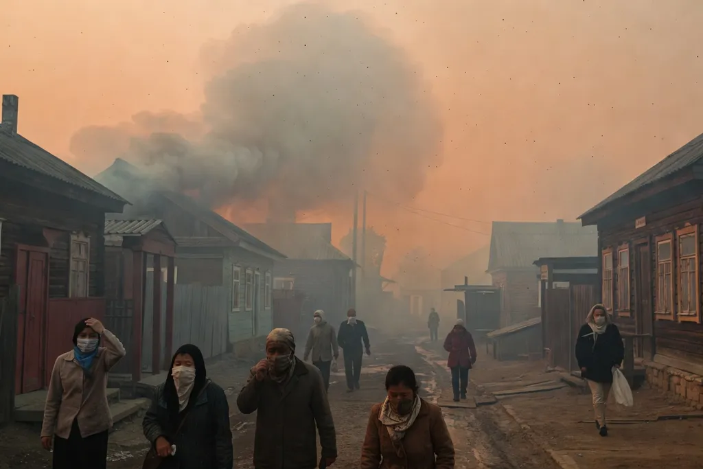 Village sibérien enveloppé dans la fumée des incendies de forêt, habitants portant des masques dans les rues en été