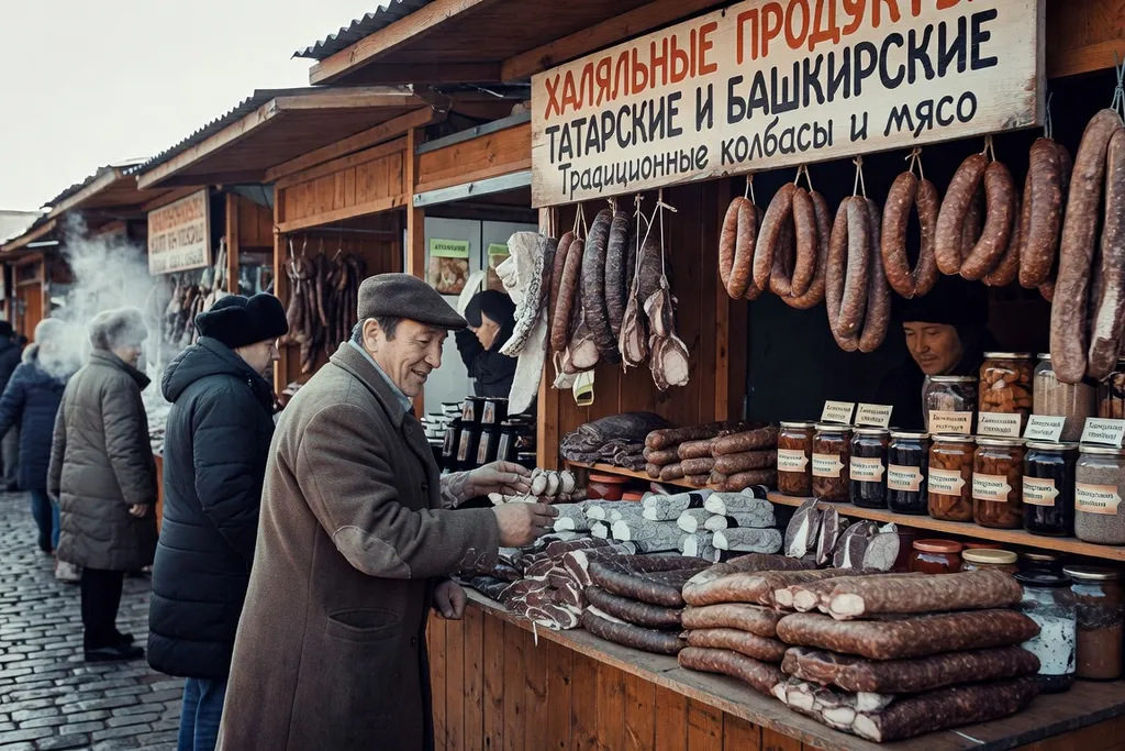 Marché halal dans une ville de Bachkirie avec des vendeurs tatars et bachkirs en 2014