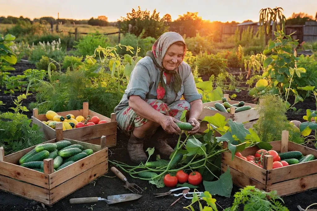 Femme russe récoltant des légumes dans son ogorod provincial