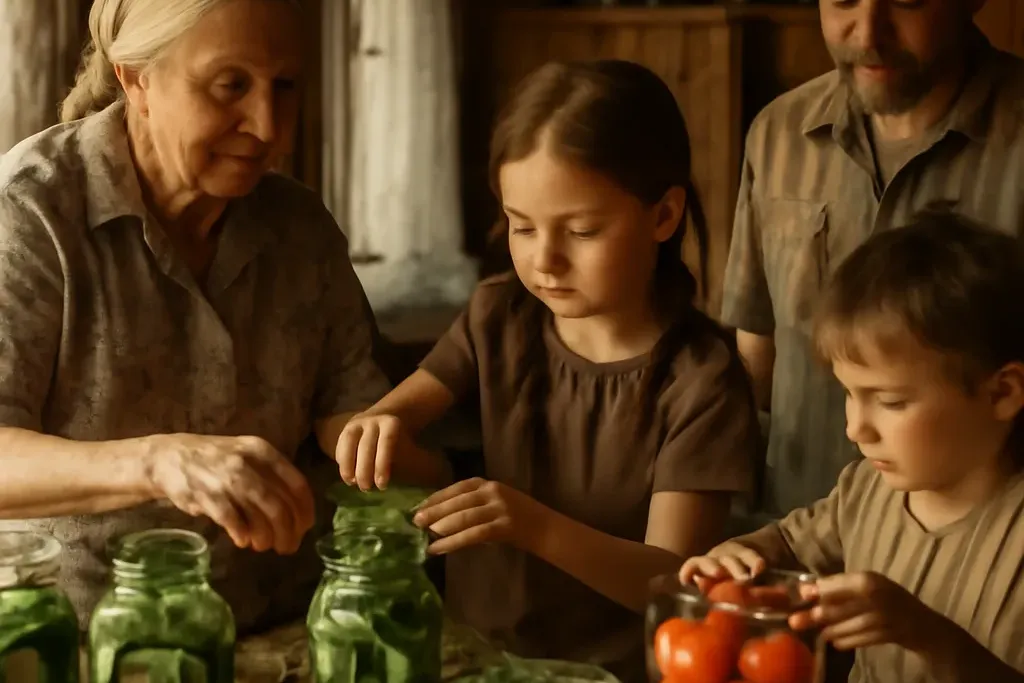 Mise en conserve collective dans une cuisine de datcha russe