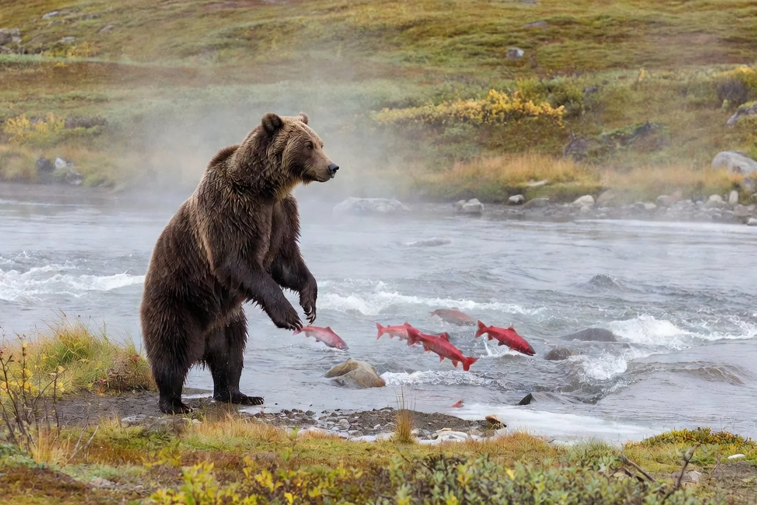 Ours brun au bord d'une rivière à saumons dans la toundra du Kamtchatka
