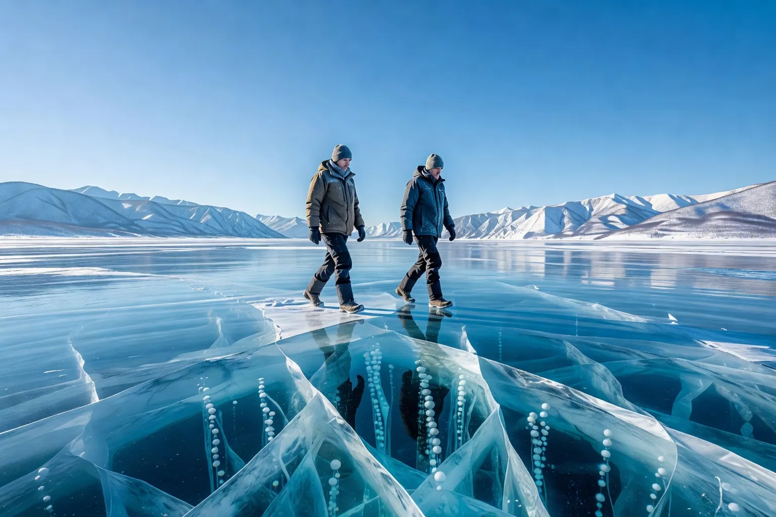 Marcheurs sur la glace transparente du lac Baïkal parsemée de bulles de méthane figées