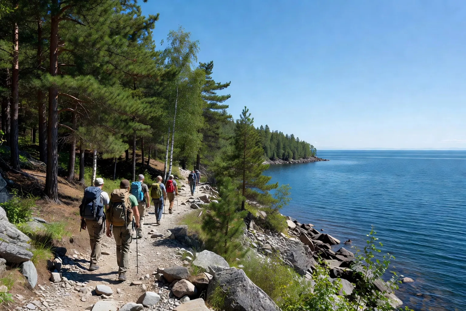 Randonneurs sur le grand sentier du Baïkal longeant la rive rocheuse de la taïga