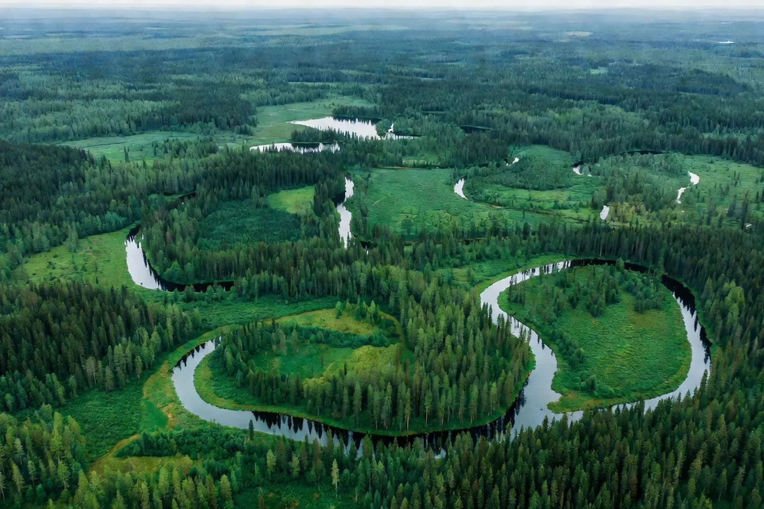 Vue aérienne de la taïga sibérienne, forêts de conifères à l'infini, rivières serpentant