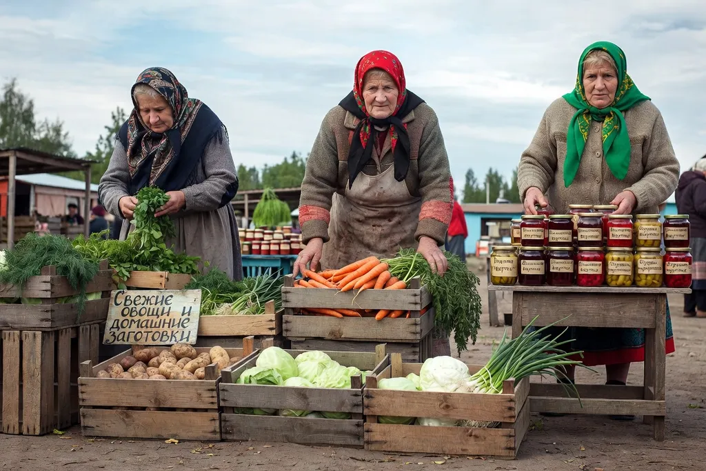 Vendeurs au marché couvert provincial russe avec des légumes frais et herbes médicinales, province 2013
