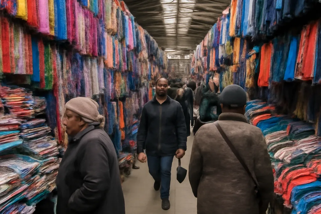 Rangées de stands de textile made in China dans un rynok de ville industrielle russe en 2015