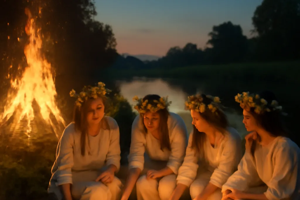 Feu de la Saint-Jean Ivan Koupala avec couronnes de fleurs posées sur une rivière