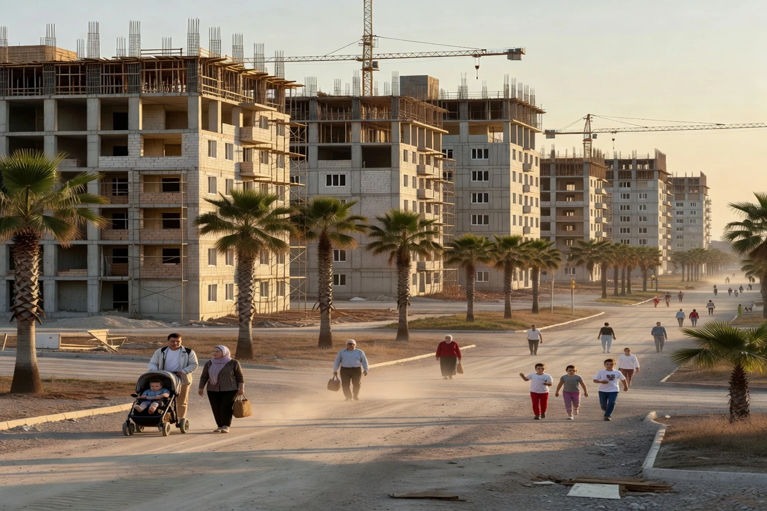 Nouveau quartier résidentiel à Krasnodar avec immeubles en construction et familles